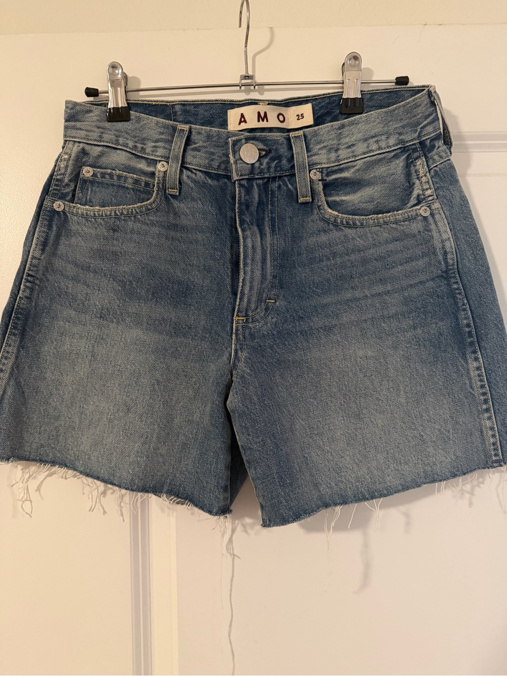 AMO Light Blue Washed Denim Cutoff Shorts